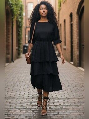 Forever 21 Black Tiered Midi Dress Black Boho Chic Back Satin Tie Size Large Nwt